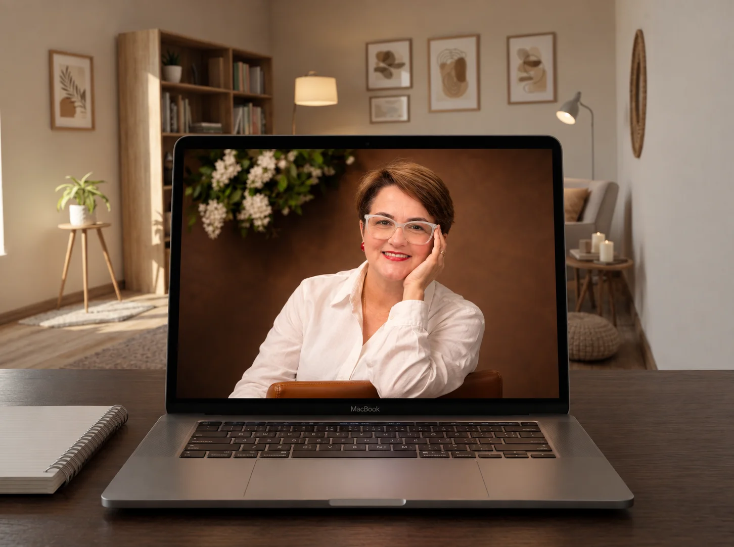 Ambiente de atendimento online: Sheila aparece em uma chamada de vídeo na tela de um computador.